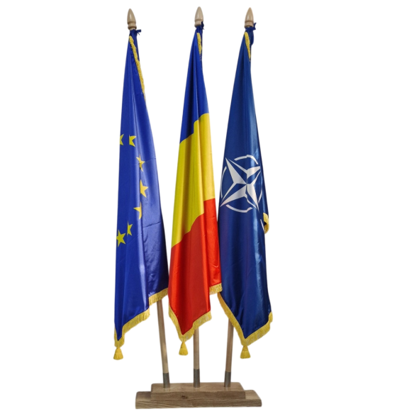 Kit drapele Romania + UE + NATO, de interior cu suport triplu | Fab...