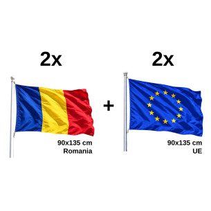Set 2 drapele Romania si 2 steaguri UE | Fabricat in Romania | Stea...